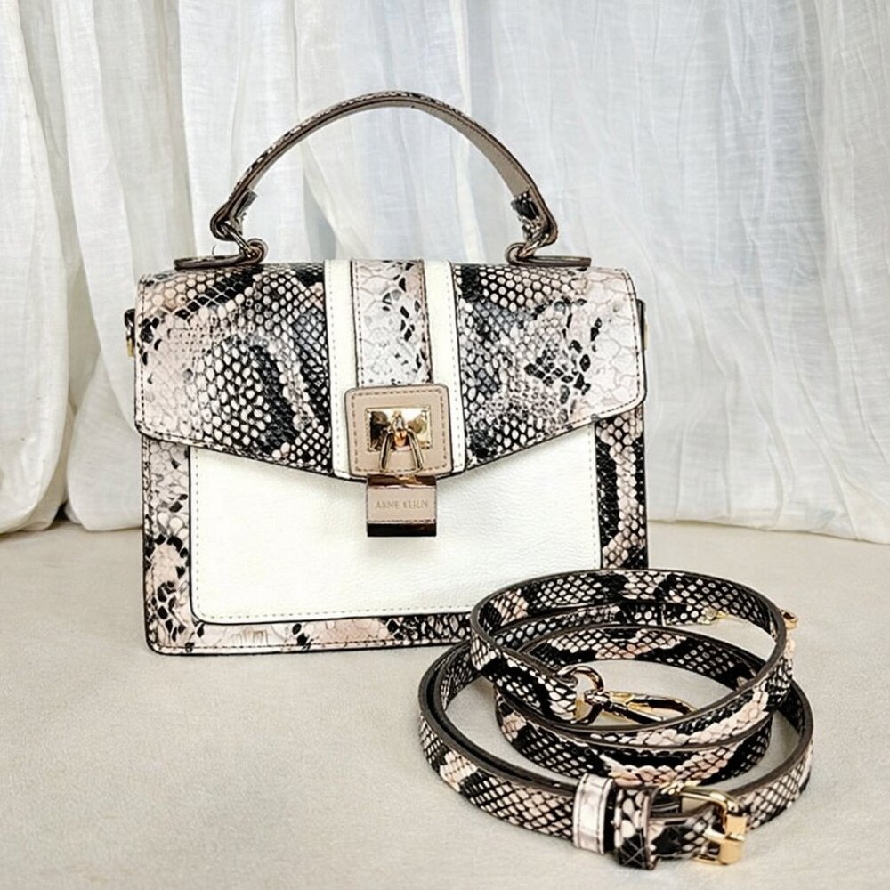 Anne Klein Snake-Print Mini Satchel in Black and Cream